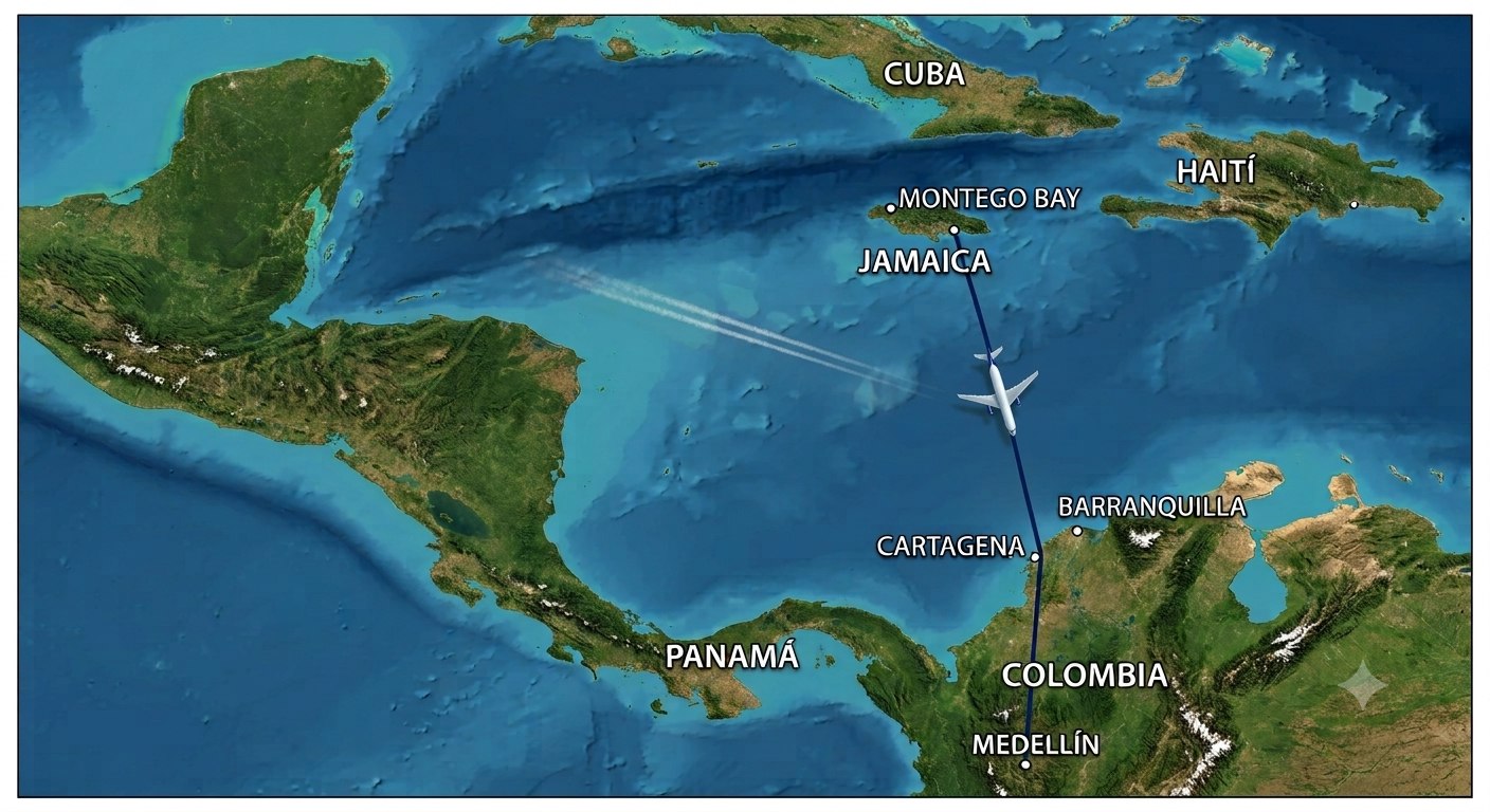 Mapa de la ruta Medellín - Montego Bay